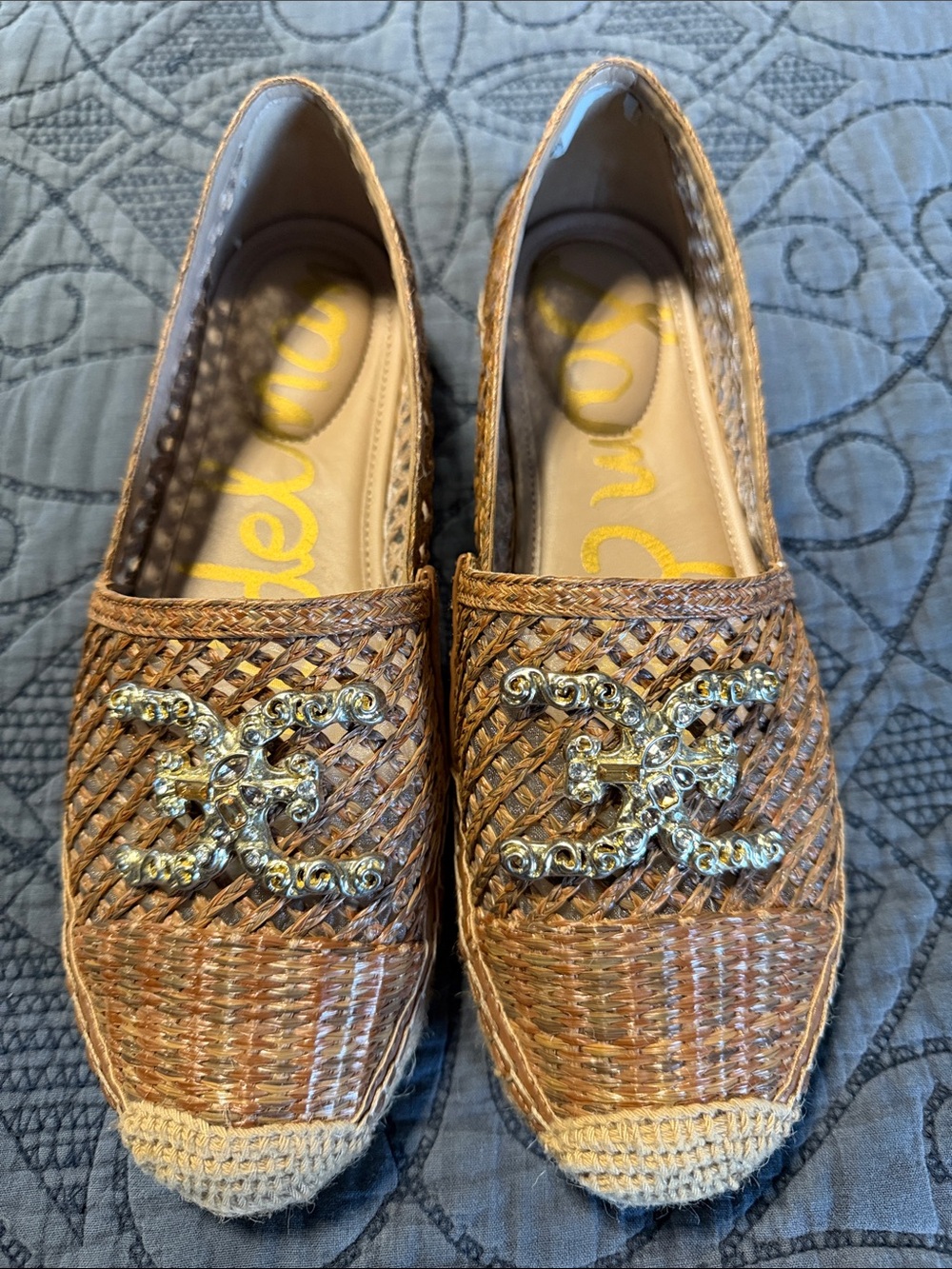 Sam Edelman Brown Woven Espadrille Flats with Crystal Logo